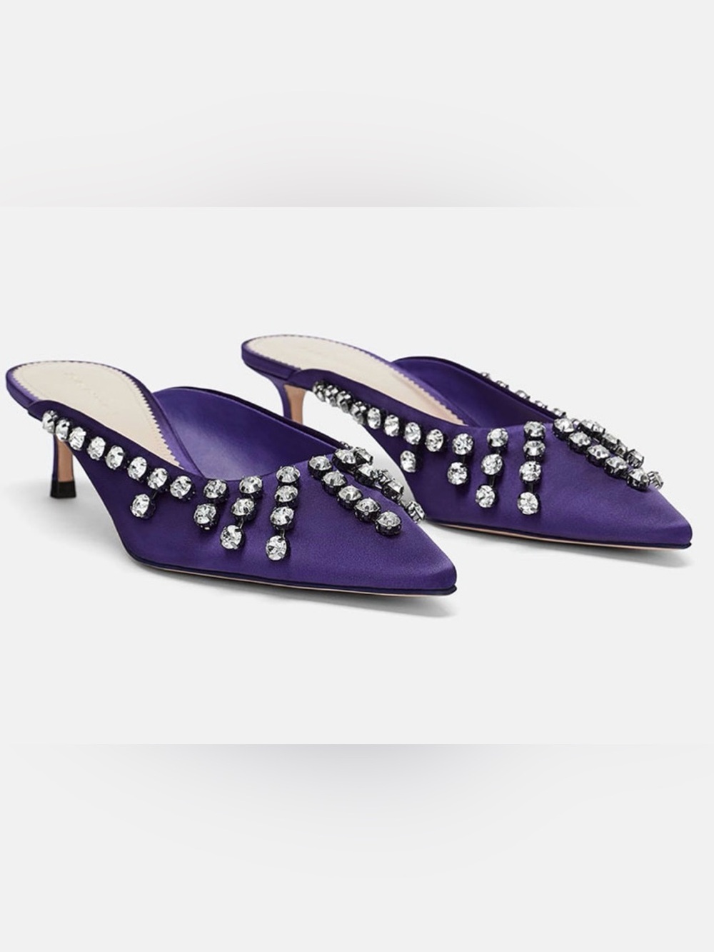 ✨ Zara Woman purple satin diamanté embellished pointed kitten heel mules